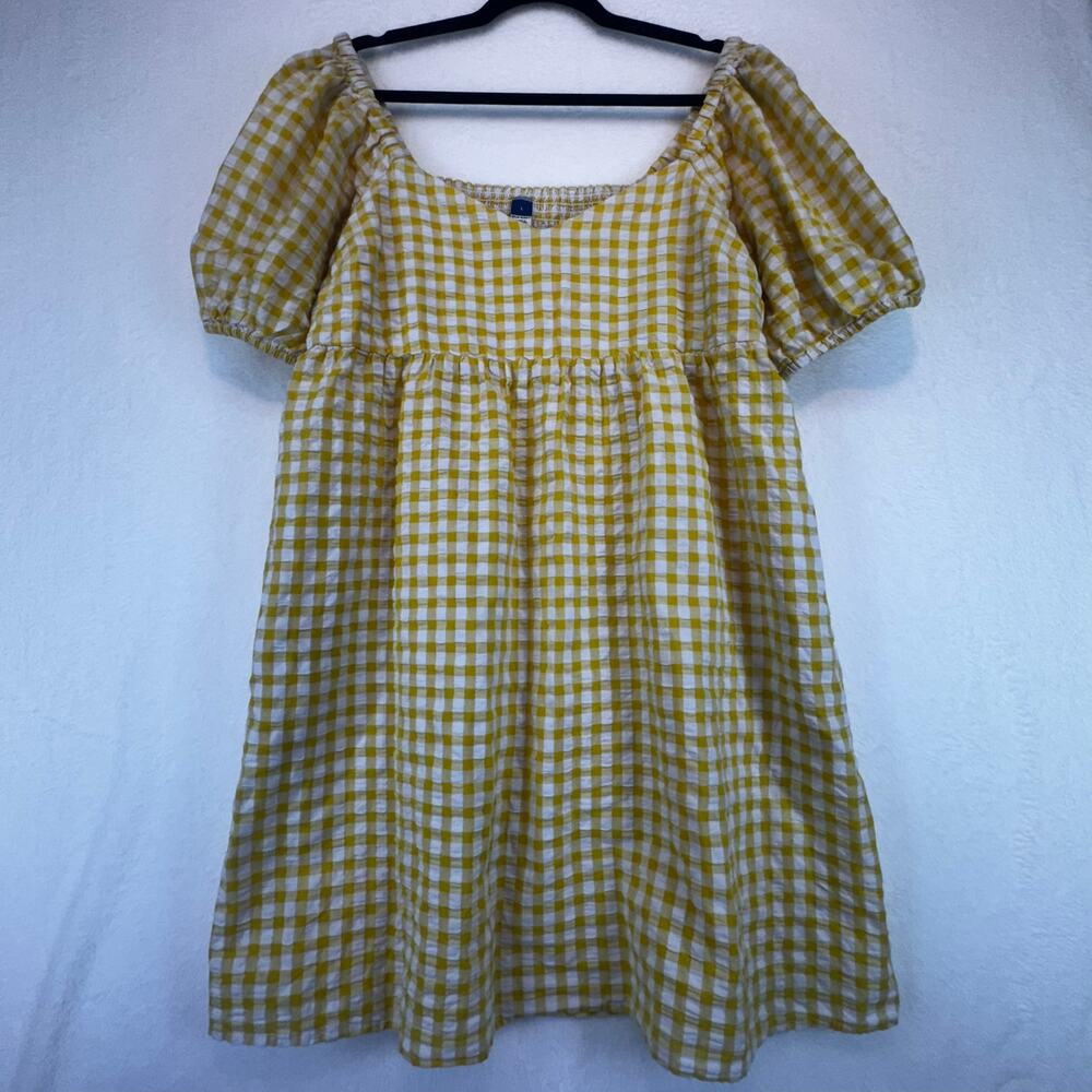 Old Navy Butter Yellow Seersucker Puffed Sleeve Dress Size L Sweetheart Neckline - Picture 3 of 10